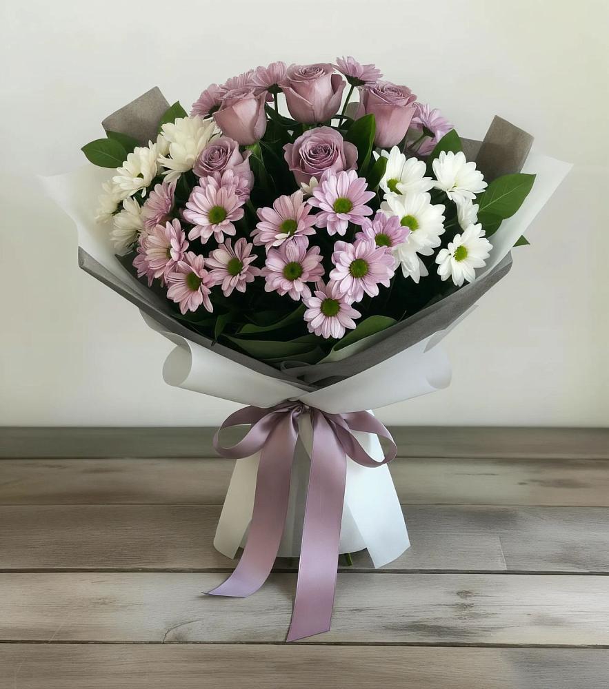 Букет цветов из: Хризантемы и Розы в Летний отдых