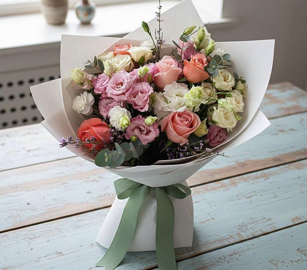 Букет цветов из: Розы, Лизиантусы и Гвоздики в Летний отдых