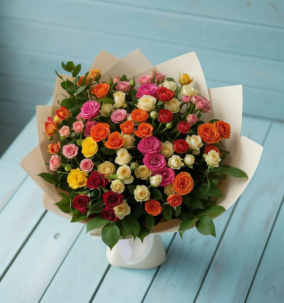 Букет Микс из разноцветных кустовых роз в Летний отдых
