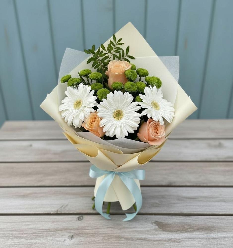 Букет цветов из: Герберы, Розы и Хризантемы в Летний отдых