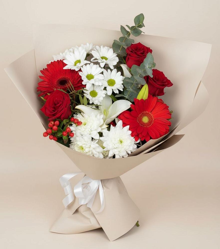 Букет цветов из: Розы, Хризантемы, Герберы и Лилии в Летний отдых