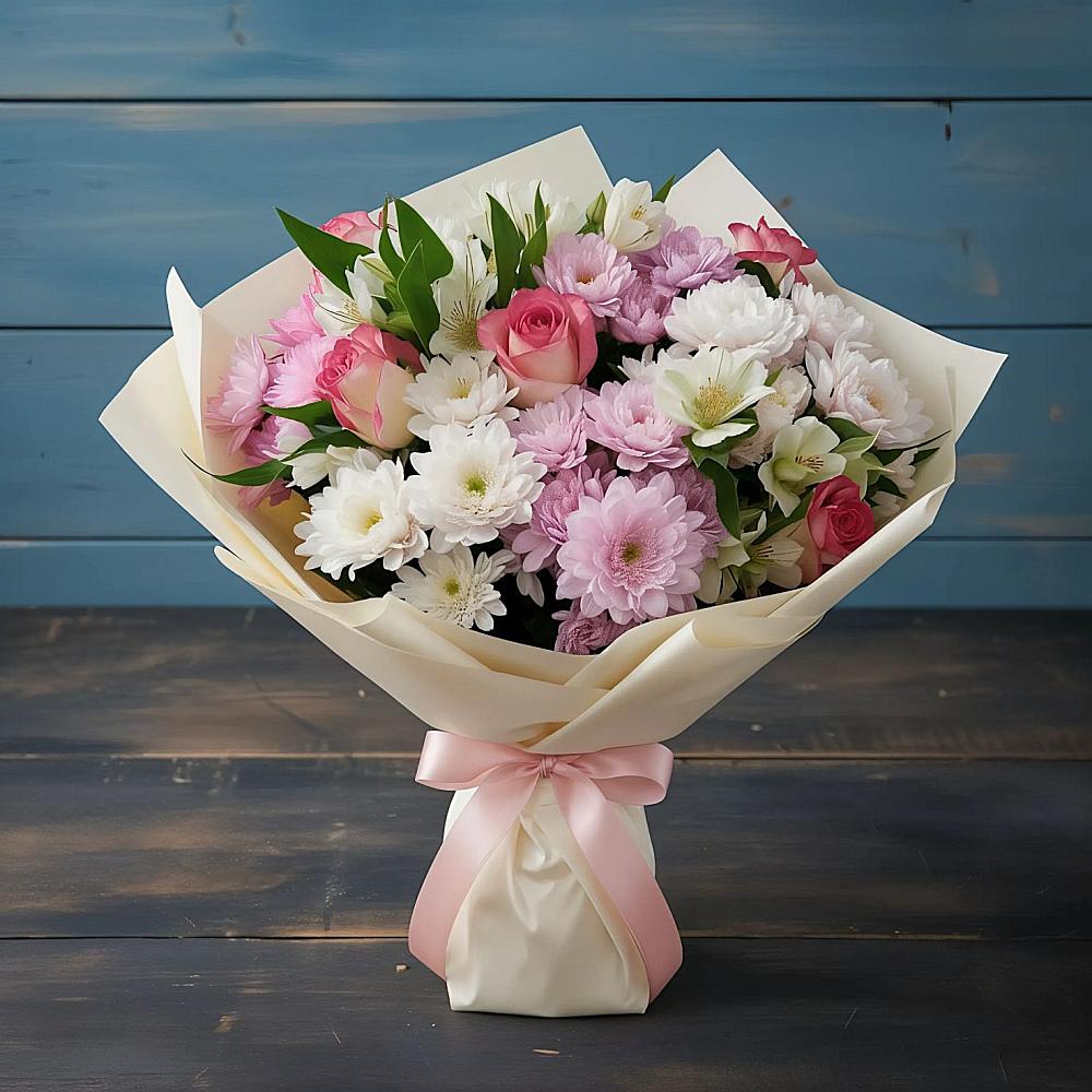 Букет цветов из: Хризантемы, Альстромерии и Розы в Летний отдых